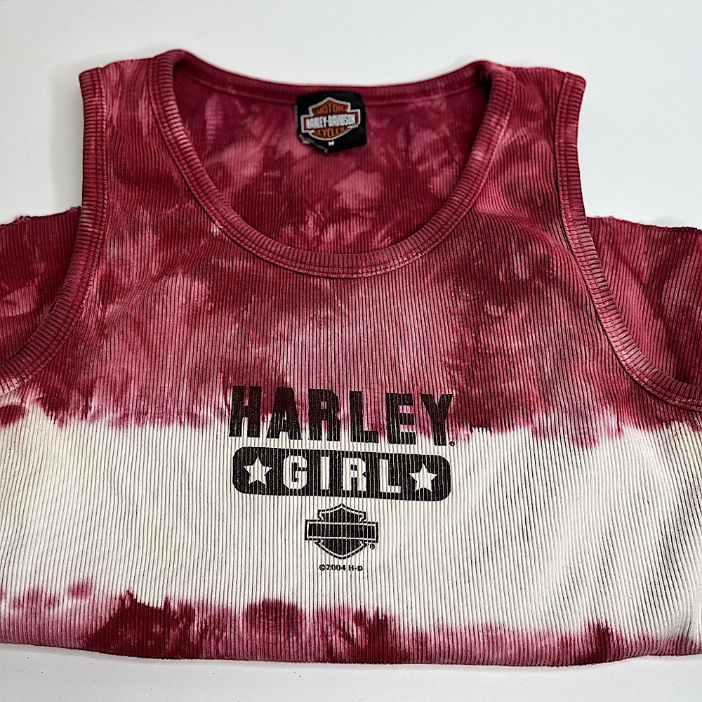 Harley Davidson/Harley Girl/ Distressed pink and white ribbed tank.